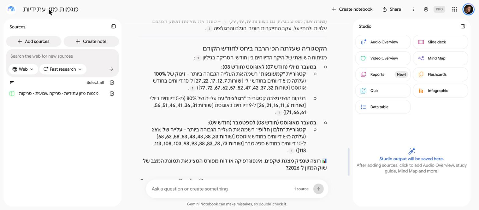 צילום מסך של Gemini Notebook שעונה ומצמיד מספרי שורות מהגיליון