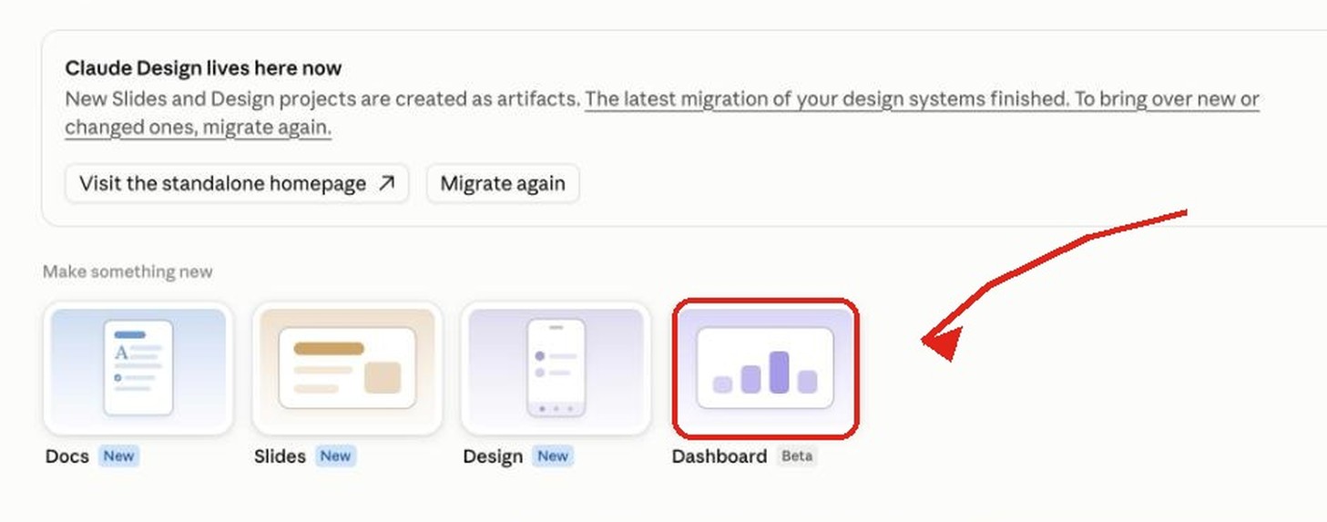 the Artifacts page in claude.ai, Dashboard card highlighted